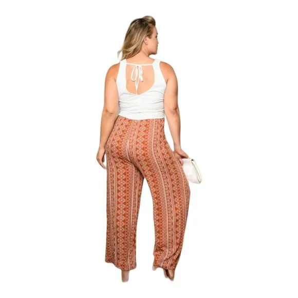 Womens Plus Size Jumpsuit Romper 1XL Wide Leg Stretch Ivory Rust USA - Picture 2 of 4